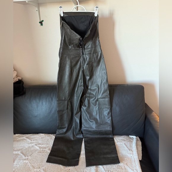 Dark green  Faux Leather Cargo Jumpsuit - Picture 3 of 7